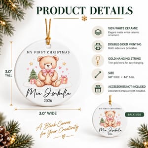 Personalized My First Christmas Ornament Custom Name & Year, Teddy Bear Baby Keepsake, Round Ceramic Christmas Tree Decor, Newborn Holiday Gift