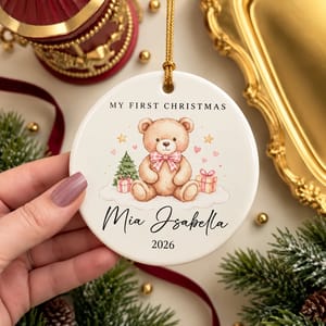 Personalized My First Christmas Ornament Custom Name & Year, Teddy Bear Baby Keepsake, Round Ceramic Christmas Tree Decor, Newborn Holiday Gift