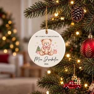Personalized My First Christmas Ornament Custom Name & Year, Teddy Bear Baby Keepsake, Round Ceramic Christmas Tree Decor, Newborn Holiday Gift