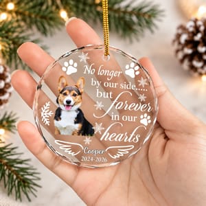 Personalized Dog Memorial Glass Christmas Ornament - Custom Pet Portrait, No Longer by Our Side Sympathy