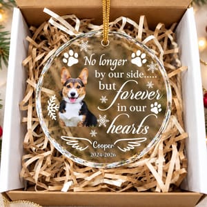 Personalized Dog Memorial Glass Christmas Ornament - Custom Pet Portrait, No Longer by Our Side Sympathy