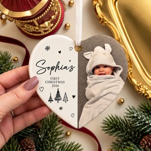 Custom Baby Photo First Christmas Ornament, Personalized Name & Year Heart Keepsake, Split Heart Christmas Tree Decor, Newborn Gift