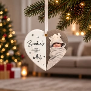 Custom Baby Photo First Christmas Ornament, Personalized Name & Year Heart Keepsake, Split Heart Christmas Tree Decor, Newborn Gift