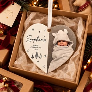 Custom Baby Photo First Christmas Ornament, Personalized Name & Year Heart Keepsake, Split Heart Christmas Tree Decor, Newborn Gift