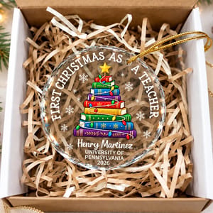 Custom Name First Christmas as a Teacher - Personalized Teacher Glass Christmas Ornament