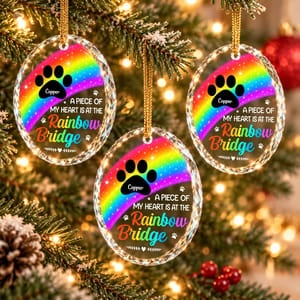 Custom Name Rainbow Bridge Glass Ornament - Personalized Pet Loss Memorial Keepsake