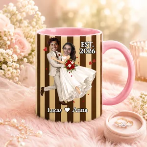 Custom Face Wedding Couple Striped Mug – Personalized 11oz/15oz Newlywed Coffee Cup with Names & Date, Unique Wedding Gift