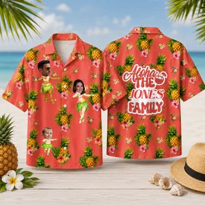 Personalized Hawaiian Shirt for Family Vacation, Upload Multiple Faces, Custom Surname Beach Shirt