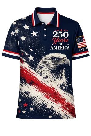 250 Years of America Golf Polo Shirt, Patriotic USA Flag Eagle Polo, 4th of July AOP Golf Shirt