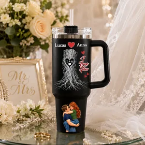 "Rooted in Love" Personalized 40oz Tumbler with Handle – Custom Names & Heart-Carved Tree Design, Romantic Anniversary & Wedding Keepsake