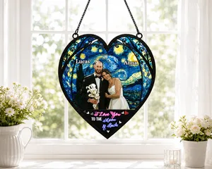 "Stained Glass Sunset" Personalized Photo Suncatcher – Custom Couple Portrait Heart Ornament, Romantic Anniversary & Wedding Keepsake