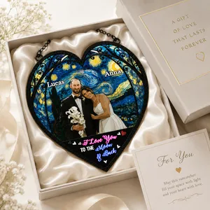 "Stained Glass Sunset" Personalized Photo Suncatcher – Custom Couple Portrait Heart Ornament, Romantic Anniversary & Wedding Keepsake