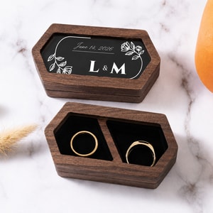 Personalized Wooden Wedding Ring Box – Custom Floral Line Art Keepsake with Couple Names and Date