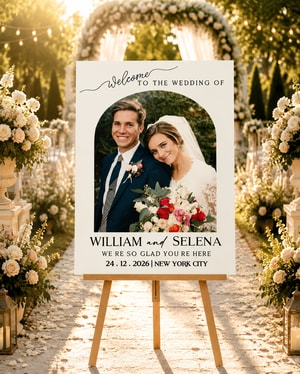 Minimalist Arch Wedding Welcome Sign with Photo, Boho Custom Picture Wedding Entrance Board