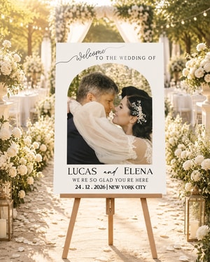 Minimalist Arch Wedding Welcome Sign with Photo, Boho Custom Picture Wedding Entrance Board