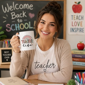 Personalized Teacher Life Mug – Custom Teacher Name Coffee Mug, Rainbow Teacher Gift, Back to School Ceramic Mug, Preschool Kindergarten Elementary Teacher Appreciation Gift