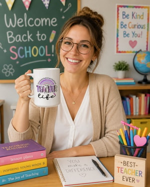 Personalized Teacher Life Mug – Custom Teacher Name Coffee Mug, Rainbow Teacher Gift, Back to School Ceramic Mug, Preschool Kindergarten Elementary Teacher Appreciation Gift
