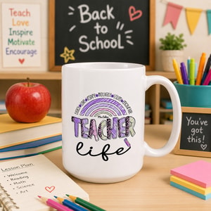 Personalized Teacher Life Mug – Custom Teacher Name Coffee Mug, Rainbow Teacher Gift, Back to School Ceramic Mug, Preschool Kindergarten Elementary Teacher Appreciation Gift