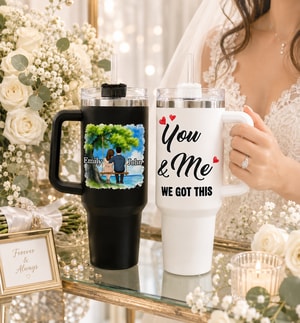 Personalized Set of 2 Wedding Couple Tumblers - Custom Names Tree Swing Design, "You & Me We Got This" Stainless Steel Travel Cup Set, Unique Anniversary & Wedding Gift for Bride and Groom