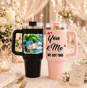 Personalized Set of 2 Wedding Couple Tumblers - Custom Names Tree Swing Design, "You & Me We Got This" Stainless Steel Travel Cup Set, Unique Anniversary & Wedding Gift for Bride and Groom