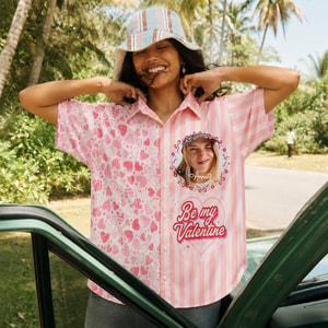 Custom Valentine Hawaiian Shirt with Photo, Personalized Portrait Love Shirt, Be My Valentine Aloha Shirt, Pink Heart Couple Gift