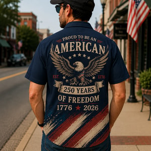 Vintage 250 Years American Flag Hawaiian Shirt, 1776–2026 Patriotic Eagle Shirt, USA Freedom AOP Hawaii Shirt
