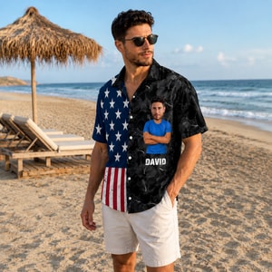 American Flag Aloha Shirt - Patriotic Dad Hawaiian Shirt, Custom Face Photo and Name