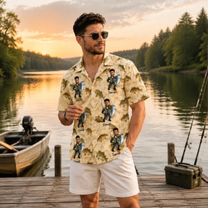 Custom Dad Face Fishing Hawaiian Shirt - Upload Dad Photo and Name, Fishing Dad Gift