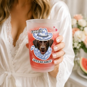 Custom Pet Face Frosted Bachelorette Cups – Personalized Dusty Blue Bridal Party Favors & Wedding Rehearsal Decor