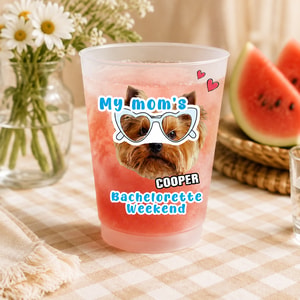 Custom Pet Face Frosted Bachelorette Cups – Personalized Dusty Blue Bridal Party Favors & Wedding Rehearsal Decor