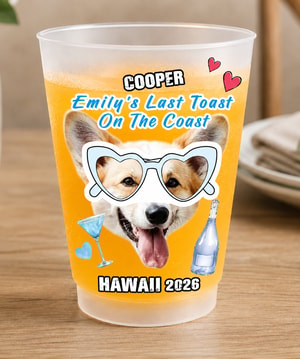 Custom Pet Face Frosted Bachelorette Cups – Personalized Dusty Blue Bridal Party Favors & Wedding Rehearsal Decor