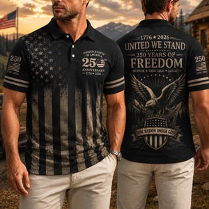 USA 250th Anniversary Patriotic Golf Polo Shirt, America 250 Years of Freedom AOP Polo Shirt, L
