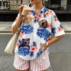 Custom Pet Photo Hawaiian Shirt, Personalized Dog and Cat Aloha Shirt, Tropical Pet Portrait Button Up, Animal Lover Vacation Gift, Pet Parent Beach Shirt