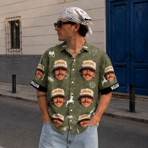 Custom Hunting Camo Hawaiian Shirt, Personalized Face and Name Shirt, Hunter Gift for Men, Camouflage Aloha Button Up, Outdoor Birthday Gift