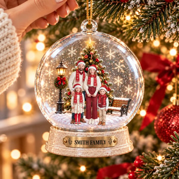 Custom Family Photo to Christmas Illustration with Santa Hats & Custom Family Name - Personalized Christmas Snow Globe Ornament