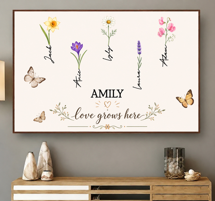 Grandma‘s Garden Love Grows Here Watercolor Birth Month Flower - Personalized Poster/Canvas Prints - Gift For Grandma, Mom