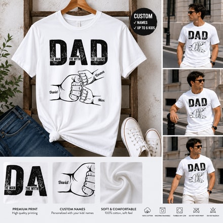 Personalized Dad Fist Bump T-Shirt With Kids Names Custom Father'S Day Gift