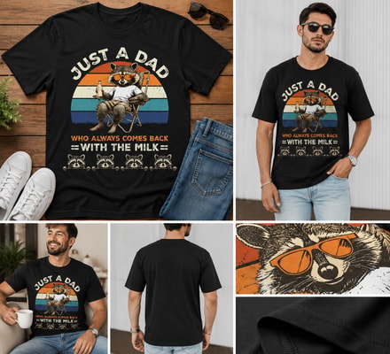 Personalized Just A Dad Who Always Comes Back With The Milk Shirt, Custom Kids Names Raccoon Family T-Shirt, Father'S Day Gift