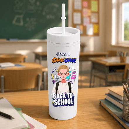Personalized Game Over Back To School 16oz Plastic Skinny Tumbler With Straw