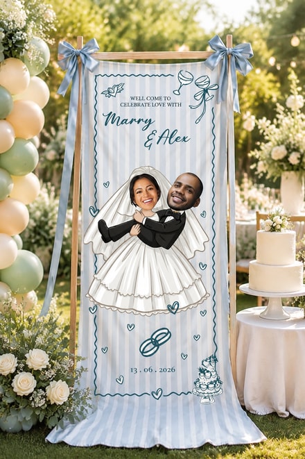 Personalized Wedding Cartoon Face Fabric Banner