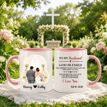 Custom Church Wedding Mug For Husband - God Blessed Broken Road Gift