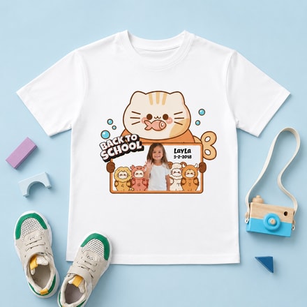 Personalized Zodiac Cat Back To School Kids T-Shirt With Photo & Name | Custom 12 Zodiac Signs School Shirt