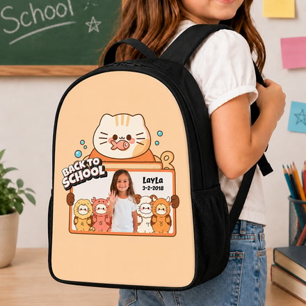 Personalized Back To School Kids Backpack With Photo & Name | Cute Cat Custom School Backpack