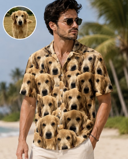 Custom Photo Funny Family Pet Face Pattern - Gift For Men, Dog And Cat Lovers, Family - Personalized Hawaiian Shirt