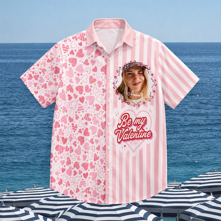 Custom Valentine Hawaiian Shirt With Photo, Personalized Portrait Love Shirt, Be My Valentine Aloha Shirt, Pink Heart Couple Gift