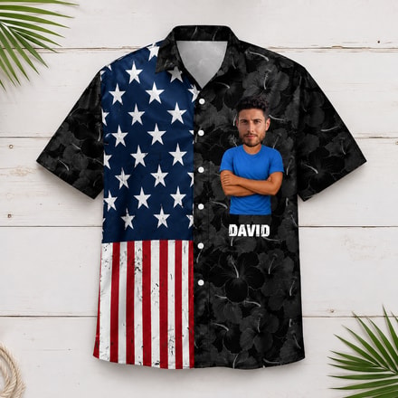 American Flag Aloha Shirt - Patriotic Dad Hawaiian Shirt, Custom Face Photo And Name