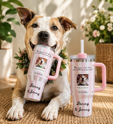 Personalized "My Mum And Dad Are Getting Married!" Pet Wedding 40oz Tumbler With Handle &Amp; Stripe Accents - Custom Dog Mom/Dad Gift