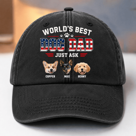 Custom Photo American Best Dog Dad Washed Denim Baseball Cap