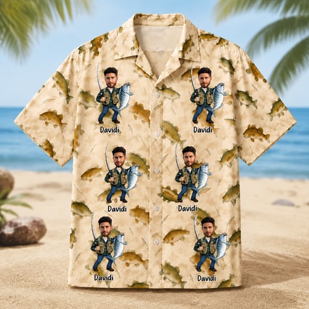 Custom Dad Face Fishing Hawaiian Shirt - Upload Dad Photo And Name, Fishing Dad Gift