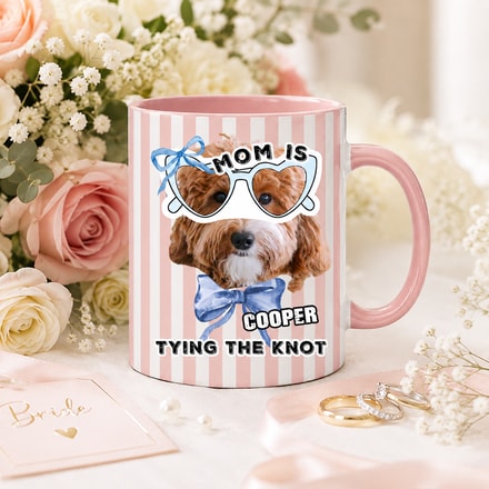 Custom Pet Face "Mom Is Tying The Knot" Striped Ceramic Mug – Personalized 11oz & 15oz Coffee Mugs